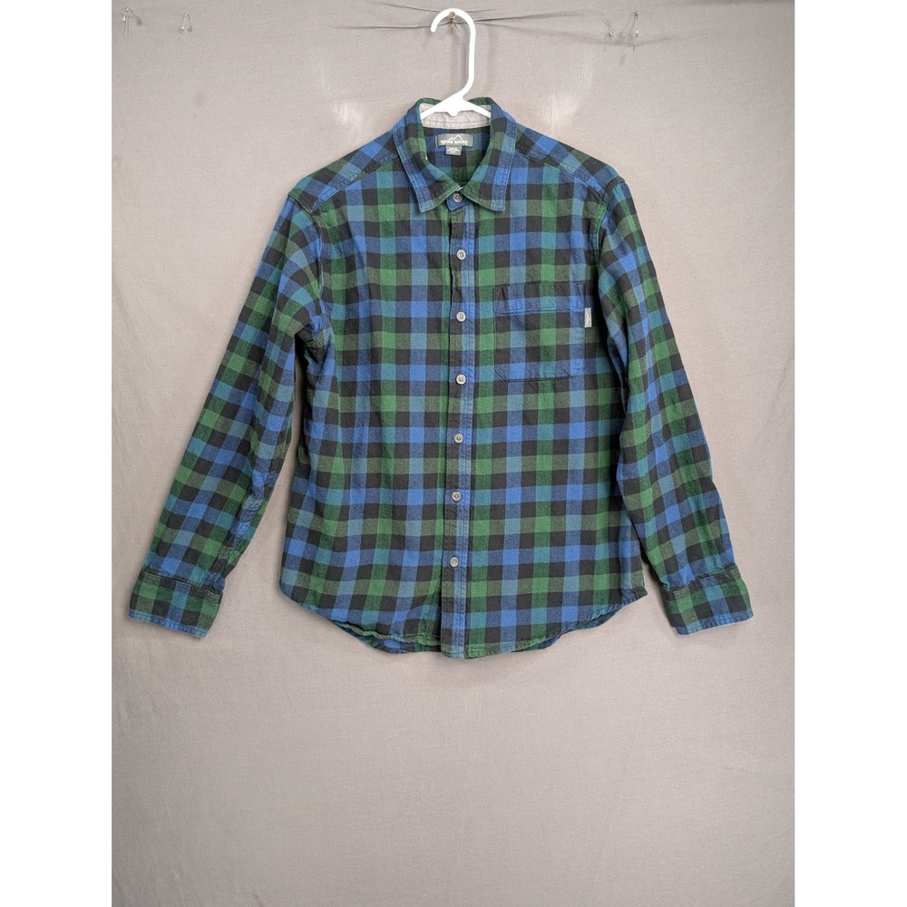 Eddie Bauer Mens Flannel Shirt Blue Green Buffalo Plaid Long Sleeve Medium